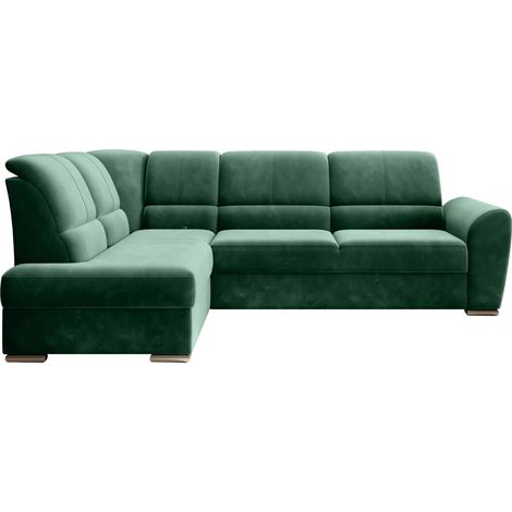 Canapé angle gauche convertible tissu vert foncé et pieds acier chromé Zabor 270cm (1/5)