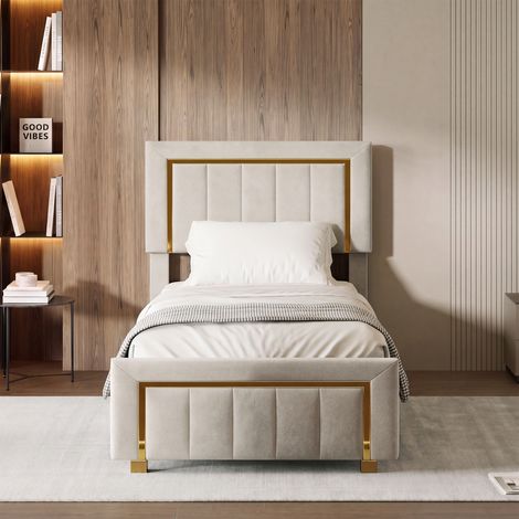 Superaly Lit hydraulique simple 90x200 cm, Espace de rangement sous le lit, Tête de lit capitonné réglable, Design de bordure dorée, Sommier à lattes, Adapté aux adolescents et enfant, Velours Beige (1/5)