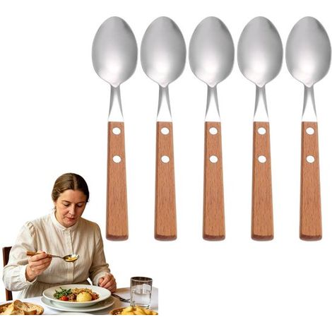 Lot de 5 cuillères à soupe en acier inoxydable 304 avec manche en bois, 20 cm, design riveté, qualité alimentaire, pour repas quotidiens (1/5)
