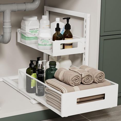 Höhenverstellbarer Organizer für unter die Spüle, 2 Ebenen, ausziehbarer Bad-Organizer, Küchen- und Kühlschrank-Organizer, Weiß, XL – 1 Stück (1/5)