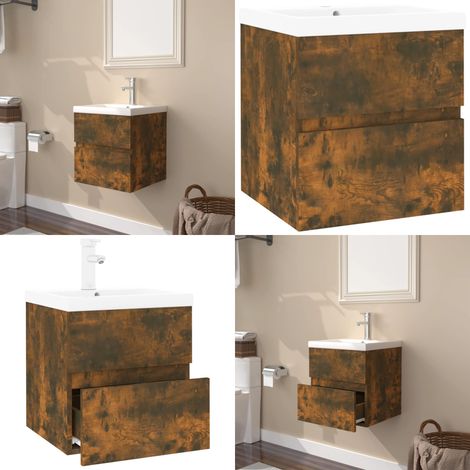 Meuble lavabo avec bassin intégré Chêne fumé Bois d'ingénierie - Meuble Lavabo - Meuble Salle De Bain - Vasque Intégrée - Rangement Salle De Bain - Design Moderne - Home & Living (1/5)