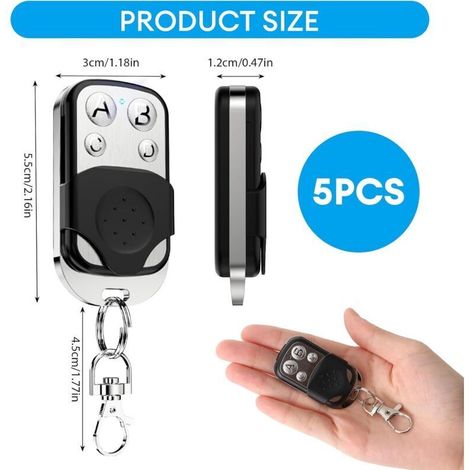 Télécommande universelle de porte de garage 433 MHz (5 pièces) pour ouvre-porte de garage à 4 boutons et couvercle coulissant, pour portail, porte de garage et volets roulants. (1/3)