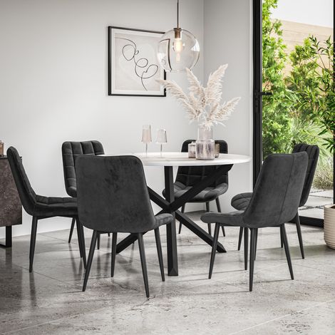Malvern Round Dining Table And Chairs - Marble Table Top w Solid Black Oak Legs + Nova Velvet Dining Chair Set Of 6 (Black) (1/5)