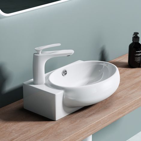 doporro® Lavabo sobre encimera Brüssel001 lavabo suspendido de cerámica en blanco de diseño (Derecho) (1/5)
