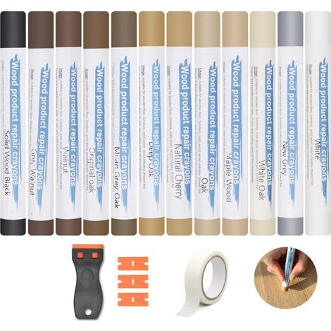 12 Couleurs Kit Reparation Parquet, Kit Reparation Carrelage pour Sol avec Grattoir, Réparateur de Rayures pour Parquet, Réparation Carrelage pour Stratifié, Bois, PVC, Carrelage, Meubles (1/5)