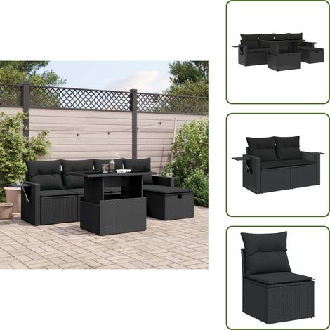 The Living Store Salon de jardin 6 pcs avec coussins noir résine tressée - Ensemble Salon De Jardin - Mobilier De Jardin - Salon Extérieur - Table Basse Extensible - Chaise Longue (1/5)