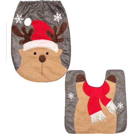 Ensemble de décoration de salle de bain de Noël en 2 pièces : housse pour abattant de WC et tapis de sol (motif renne) (1/4)