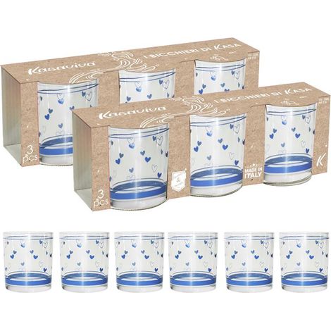 AVIO SET 6 BICCHIERI PER ACQUA CON DESIGN A CUORICINI BLU