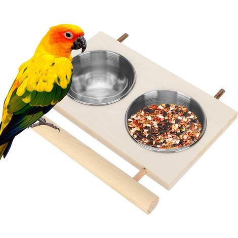 Gamelle en acier inoxydable pour cage à oiseaux, avec support, pour perroquets et autres oiseaux de compagnie comme les perruches et les conures. (1/5)