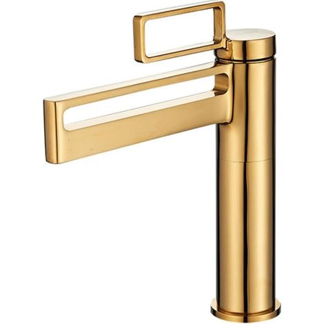 Robinet de lavabo mitigeur cascade salle de bain robinet d'évier mitigeur monotrou robinet mitigeur eau chaude et froide - or court (1/5)