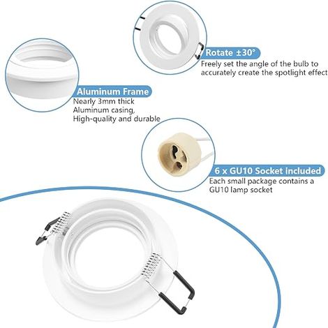 Spot Encastrable GU10 Aluminium, Orientables Blanc Support Cadre De Montage Avec Douille Rond Plafond 68mm plat Pour LED, Trou ø60-75mm (1/3)