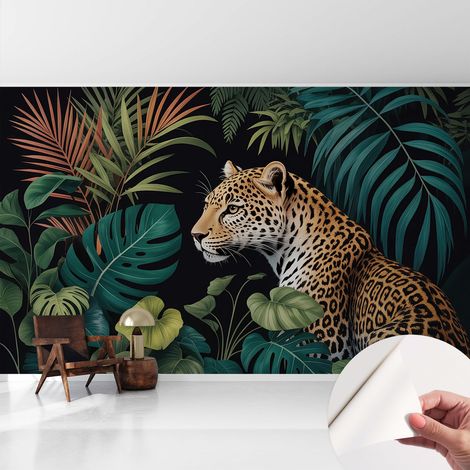 Tapete Selbstklebend - abwaschbar - trendige Wanddeko - elegant Fototapete Exotischer Leopard 416x254 cm (1/5)