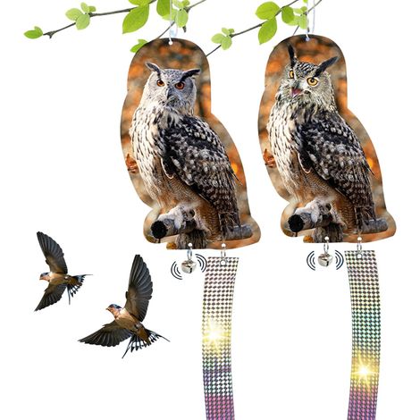 Effaroucheur d'oiseaux Hibou, 2 pièces leurres de Hibou Debout répulsifs Contre Les Pigeons pour effrayer Les Oiseaux avec Cloche et Bande réfléchissante de Dissuasion des Oiseaux pour Balcon (1/5)