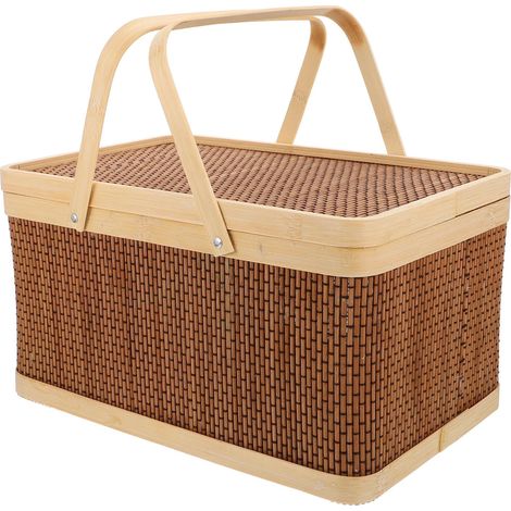 1 Panier pique-nique en bambou, anses pliables, style rustique, pour stockage fruits, usage extérieur (1/5)