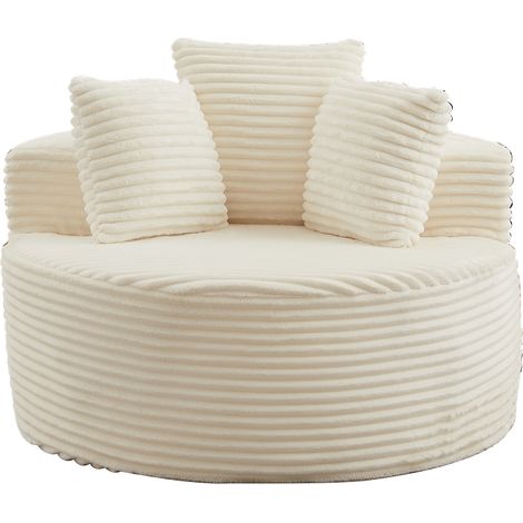 Fauteuil diamètre 110 cm forme ronde revêtement en velours côtelé assise confortable style décontracté trois coussins décoratifs (1/5)