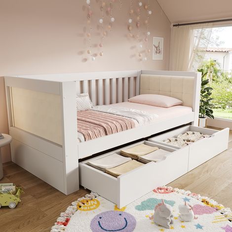 Divano letto bianco 90x200 cm con 2 cassetti, in legno, con braccioli arrotondati, schienale confortevole, ideale per piccoli appartamenti o monolocali, facile da montare, materasso non incluso.