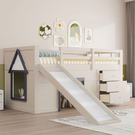 Lit mezzanine bas enfant 90x200 cm, 3 tiroirs + 2 portes, sommier à lattes, crème (sans matelas)