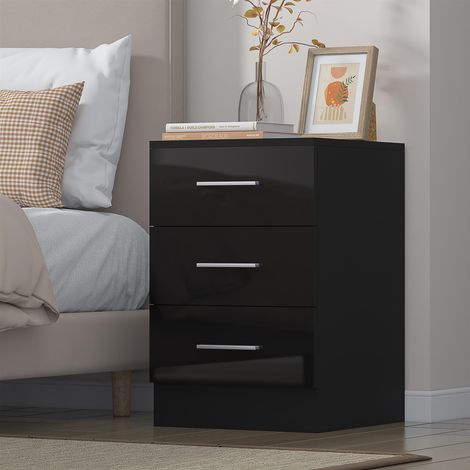 Reflect 3 Drawer Bedside - Black Gloss & Black Oak - Modern Nightstand for Bedroom Storage