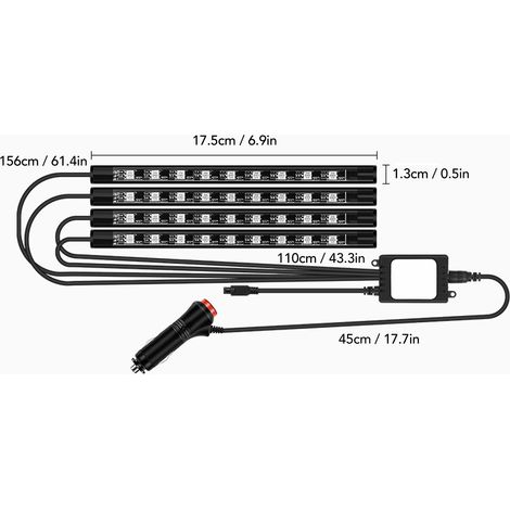 Ruban LED Intérieur Voiture Universel 36 LEDs, Décoration Sol Auto avec Télécommande, Allume-Cigare 12V, Bande Lumineuse Voiture (1/5)