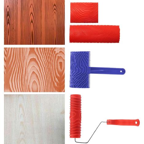 Lot de 4 outils de grain de bois, outil de peinture en caoutchouc pour décoration murale, pour décorations murales DIY, bleu, rouge (1/5)