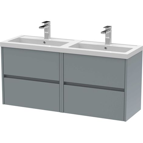 Nuie Havana Matt Coastal Grey 1200mm Wall Hung 4 Drawer Vanity Unit with Double Polymarble Basins - HAV2304C (1/3)