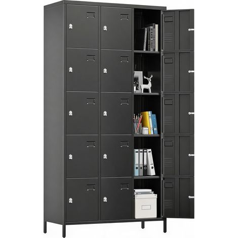 Armoire vestiaire métallique 15 portes verrouillables 183 cm - acier robuste, ventilation & porte-nom/porte-carte - meuble de rangement pour entrée/bureau/école/salle de sport/garage - couleur : noir (1/5)