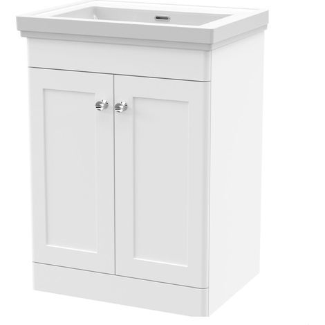 Swynnerton Traditional 2 Door Floor Standing Vanity Unit with Basin, Satin White, 600mm (1/4)