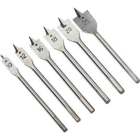 6 forets plats pour bois, diamètres 10, 12, 16, 18, 20 et 25 mm, acier au carbone, compatibles perceuses à percussion et clés à chocs (1/5)