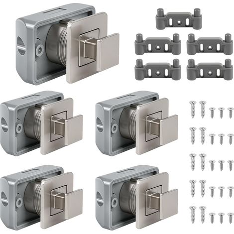 Lot de 5 Verrous de tiroir carrés métalliques pour camping, Serrure à glissière carrée, Serrure à bouton-poussoir sans clé pour mobil-home, bateau, yacht, armoire, porte, compartiment (Nickel) (1/5)
