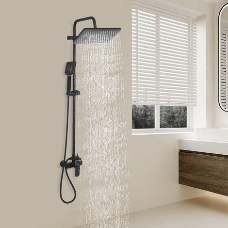 Système de douche avec mitigeur et pomme de douche à effet pluie - Noir, 2 modes (1/5)