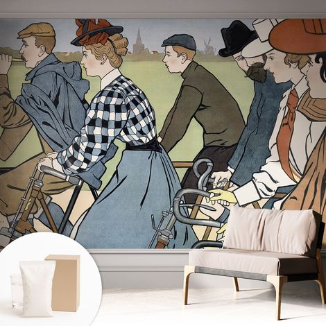 Tapete Vliestapete mit Kleber - Wandgestaltung - Tapete Wohnzimmer - Flur Eingangsbereich Vintage-Radfahrer 312x219 cm (1/5)