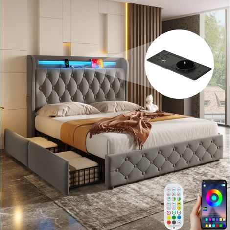 Letto imbottito 140x190 cm grigio in tessuto e metallo, LED RGB, USB e 4 cassetti