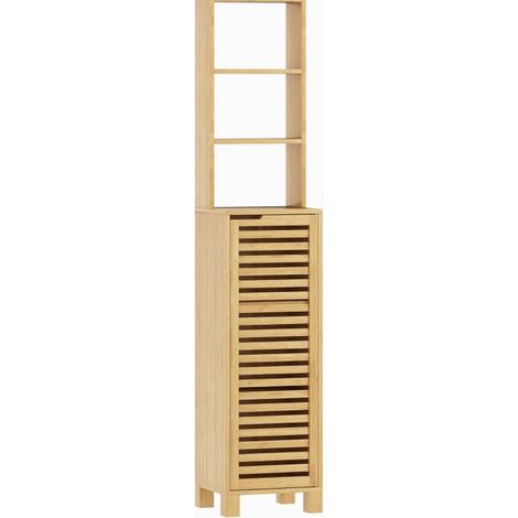 Colonne de salle de bain en bambou avec portes à lamelles et étagères réglables, 34 x 30 x 170 cm, couleur naturelle (1/5)