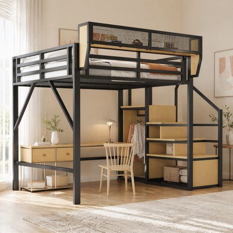 Cama alta metálica 140x200 cm, escalera segura, almacenaje modular, negra, sin colchón (1/5)