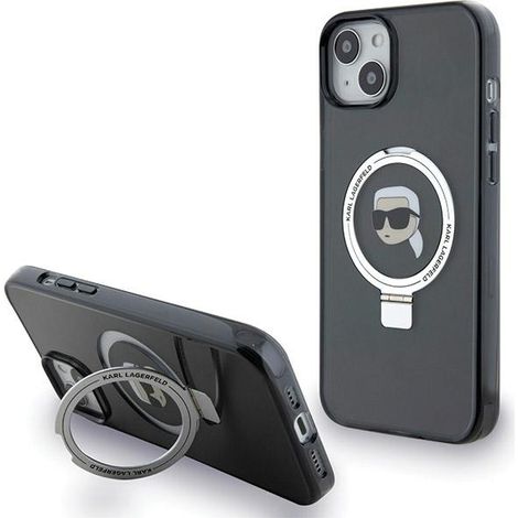 Funda MagSafe Karl Lagerfeld Ring Stand para iPhone 15 Plus, color negro. (1/5)