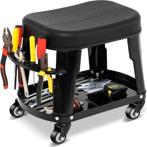 GOPLUS Siège Roulant de Garage Tabouret de Mécanicien avec Roulettes,Siège Amovible,avec Plateau à Outils,Charge 136KG (1/5)