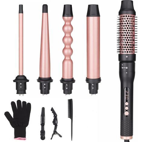 Curling Wand, 5 in 1 Hair Curler with Heating Brush and 4 Interchangeable Ceramic Curling Wands (0.5 "-1.25") for Beach Waves, Fast Heating, Includes Glove (1/5)