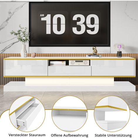 Mueble para TV de tablero de partículas blanco brillo con detalles dorados y LED multicolor, 180.0x38.0x45.0 cm (1/5)