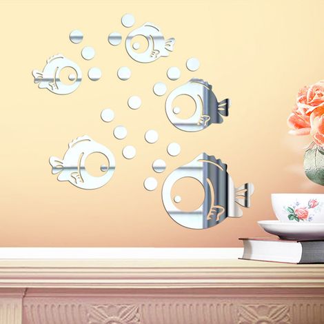 Sticker Mural Acrylique  3D Poisson et Bulles Autocollants Miroir pour Chambre Salon Salle de Bain décoration Argent