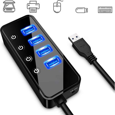 1 Hub USB 3.0, 4 ports données, 1 port charge, interrupteurs individuels, LED bleu, adaptateur 5V/3A, PC portable (1/5)