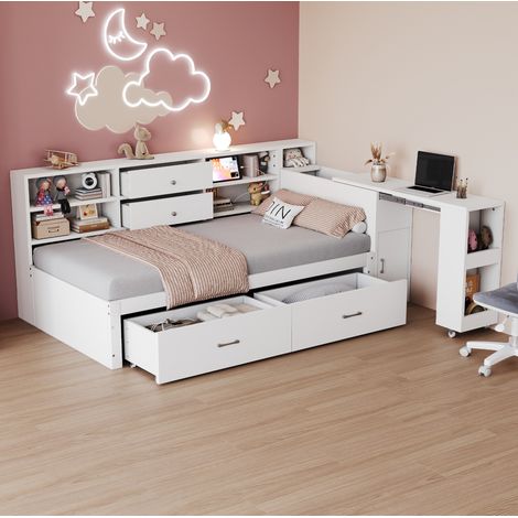 DESVIAE Lit simple multifonction en bois avec rangement bureau extensible prises USB 90 x 200 cm blanc (1/4)