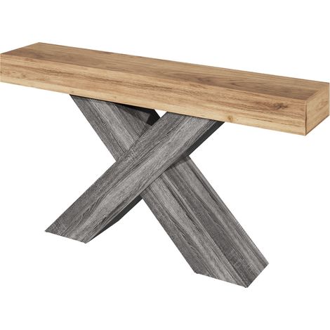 Tavolo consolle stretto con gambe a X in truciolato effetto legno naturale 140 x 30 x 80 cm (1/5)