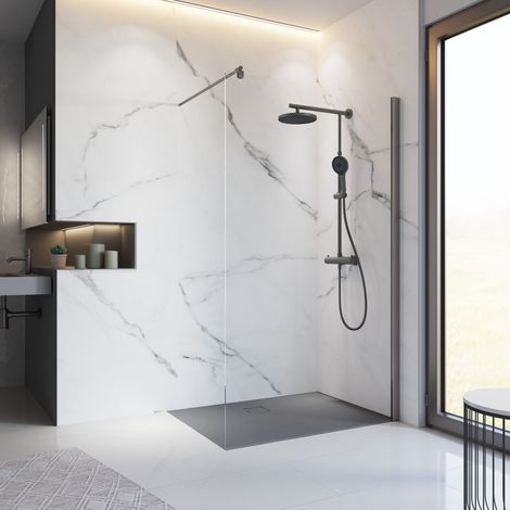 Schulte – Paroi de douche à l'italienne 90 x 200 cm – Verre 5 mm anticalcaire – Profilé gun métal – Installation facile avec matériel inclus