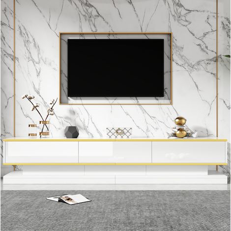 Mueble TV 200x40x40 cm blanco cálido en tablero de partículas con 3 cajones, acabado brillo y estantes abiertos (1/5)