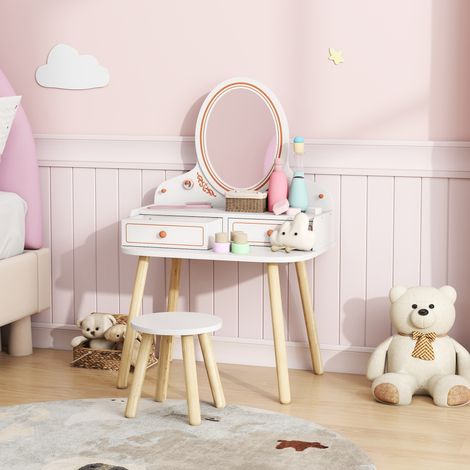 Schminktisch für Mädchen, Kinderschminktisch mit Hocker und Spiegel, 2 Schubladen und Kleiderstangen, Alter 3 bis 8 Jahre, Weiß