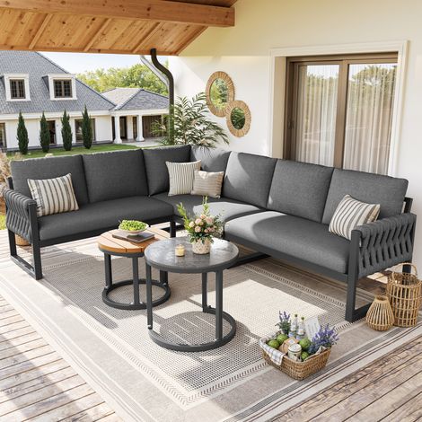 Set di mobili da giardino modulare in metallo e Olefin grigio, con 2 divani, elemento angolare, 2 tavoli e cuscini sfoderabili (1/5)