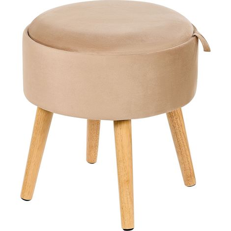 Tabouret en Velours Bois d'Hévéa MDF Beige à Rangement Plateau Intérieur Neely