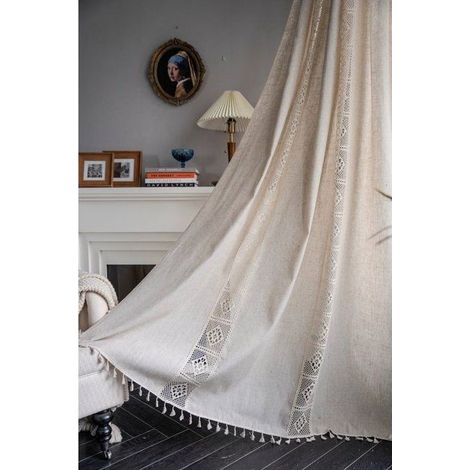 1 Boho-Gardine, Häkel- und Patchwork-Spitze, halbverdunkelnd, beige, 150 x 160 cm, für Wohnzimmer oder Schlafzimmer (1/5)