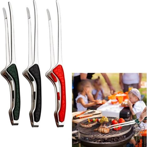Pinzas para barbacoa de acero inoxidable (3 unidades), Mango antideslizante, 24 x 1,7 cm, ensaladas y picnics, Colores: negro, verde y rojo (1/5)