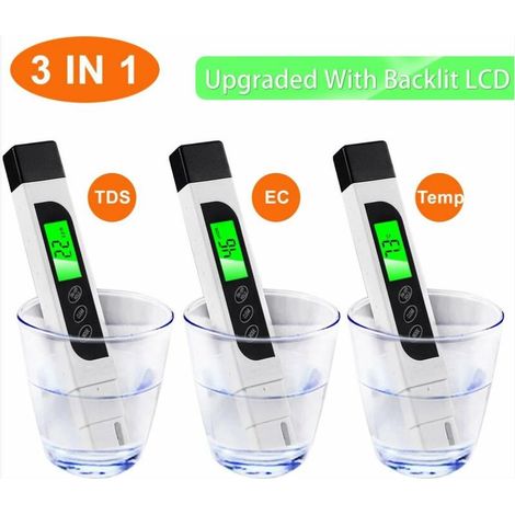 Testeur de qualité de l'eau, compteur EC précis TDS et stylo de test de température avec écran LCD rétroéclairé pour eau potable, culture hydroponique, piscines, aquariums (1/4)